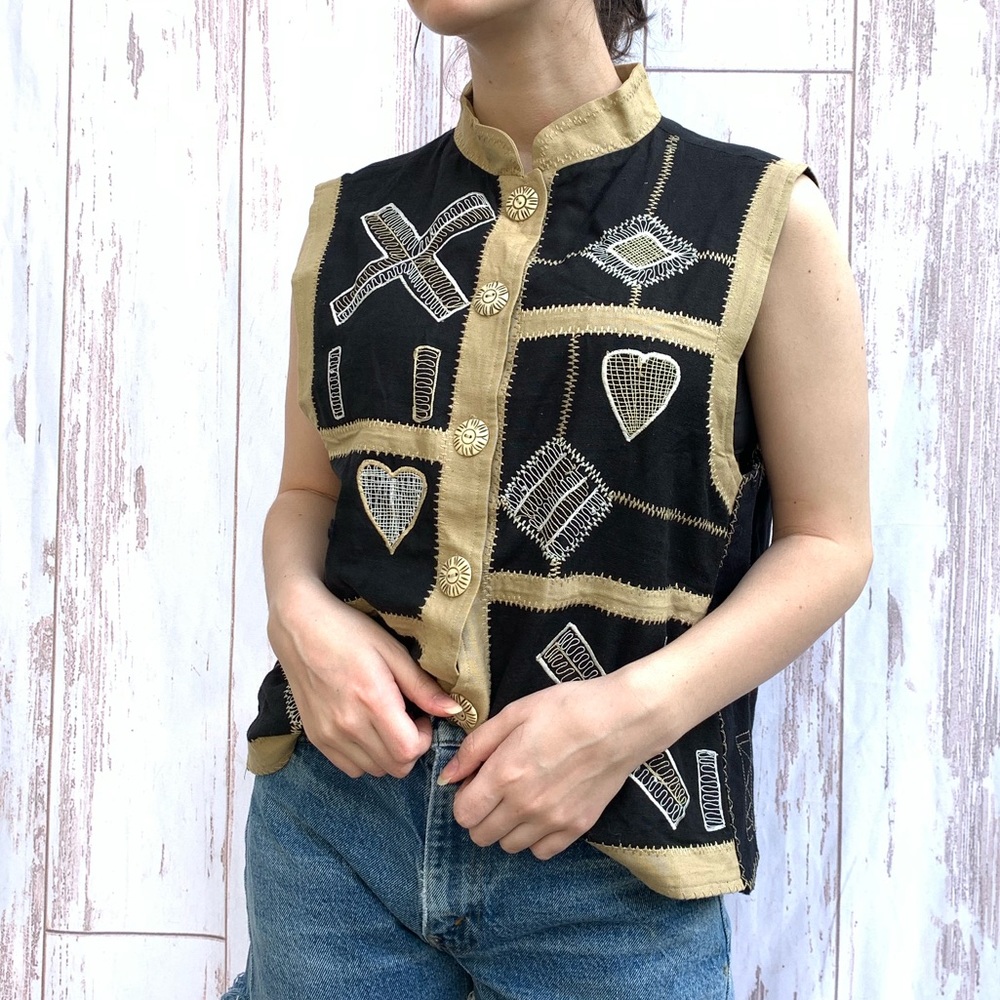 Vintage 70s hand embroidered vest button down cotton and rayon size small
